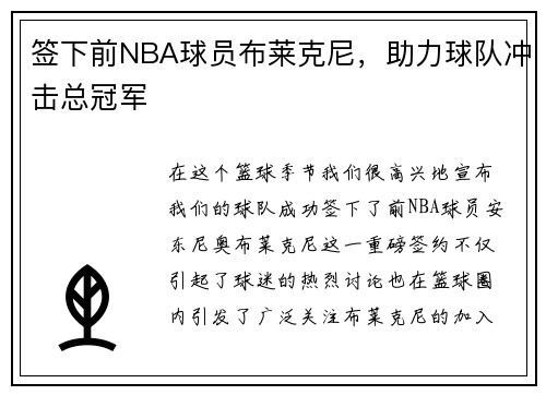 签下前NBA球员布莱克尼，助力球队冲击总冠军